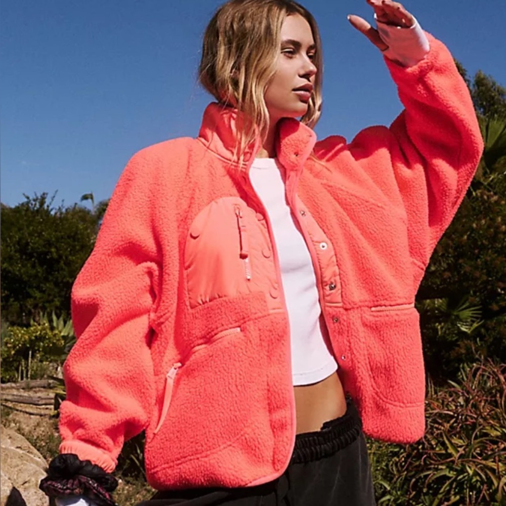 Free People Ziggy Up Women's Neon Pink/orange Fleece Jacket